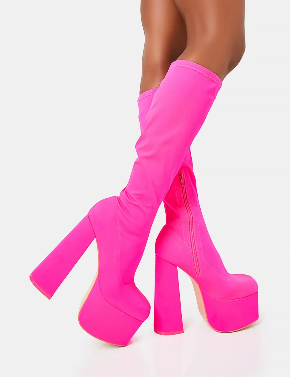 Clearance Polished Hot Nylon Platform Rounded Block Heeled Knee High Boots Square Toe Heels | Platform Heels