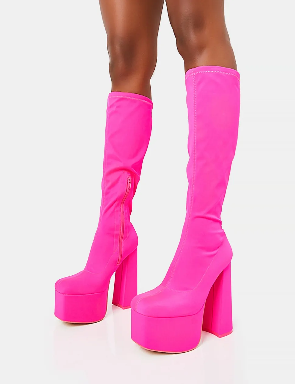 Clearance Polished Hot Nylon Platform Rounded Block Heeled Knee High Boots Square Toe Heels | Platform Heels