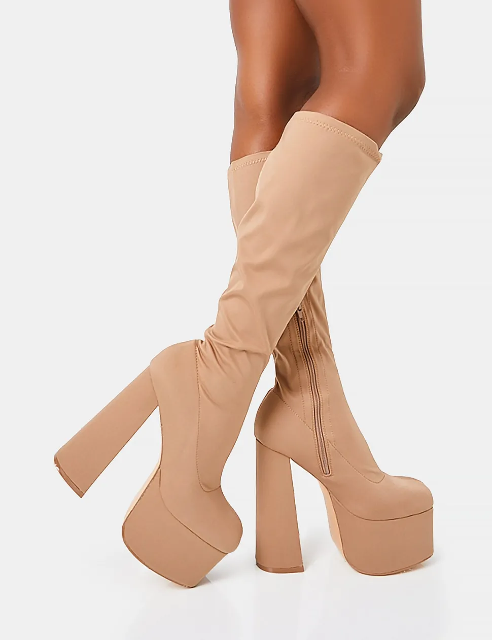 New Polished Taupe Nylon Platform Rounded Block Heeled Knee High Boots Square Toe Heels | Platform Heels
