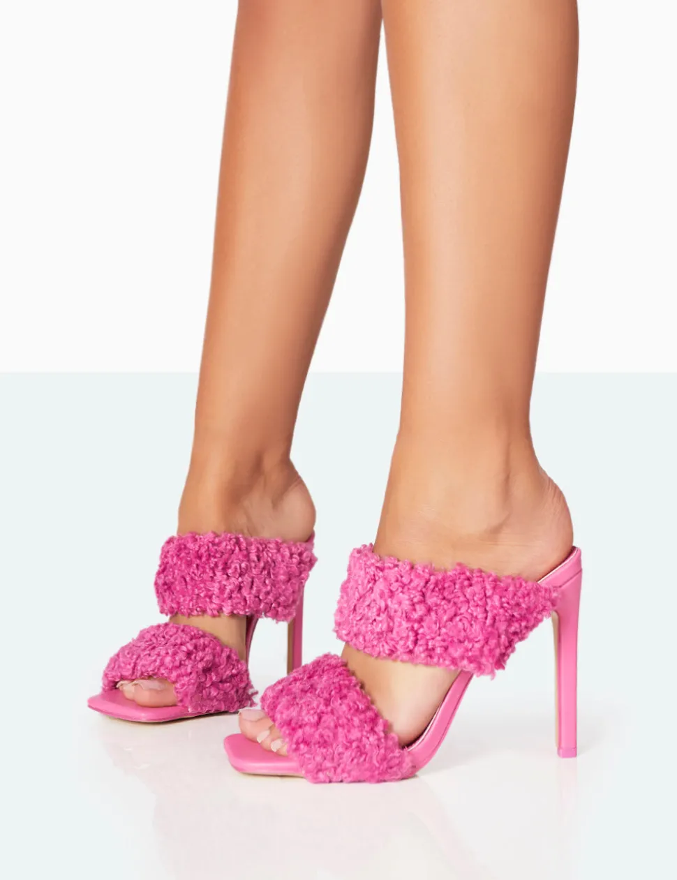 Store Poodle Faux Fur Stiletto Mule Heels Pink Heels | Mules
