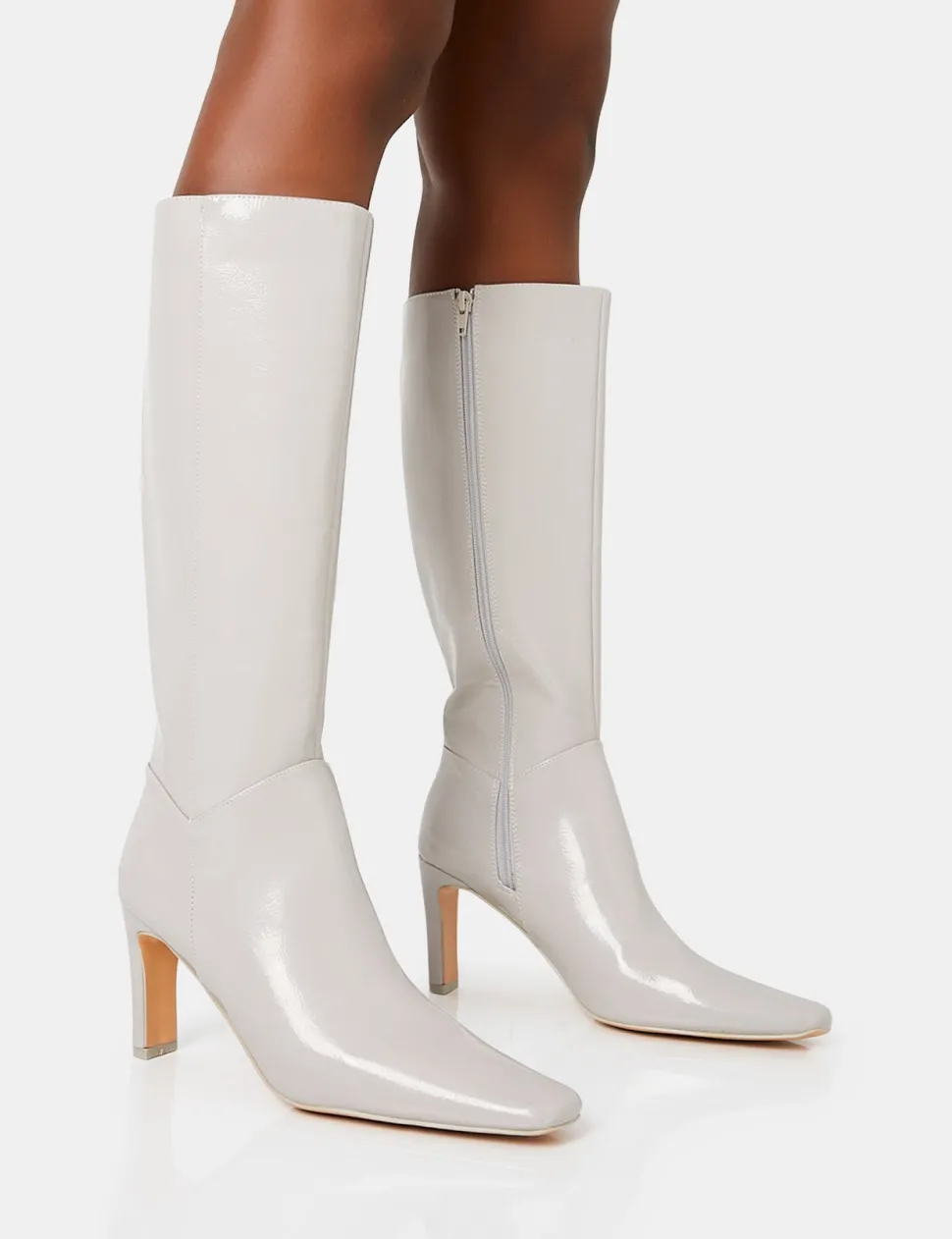 Cheap Pose Textured Patent Pu Zip Up Knee High Slim Block Heeled Boots Block Heels | Heeled Boots