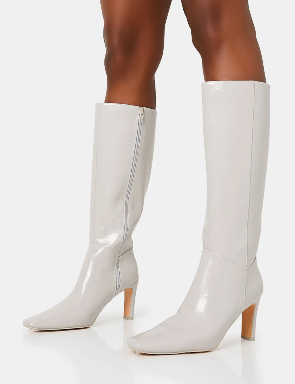 Cheap Pose Textured Patent Pu Zip Up Knee High Slim Block Heeled Boots Block Heels | Heeled Boots