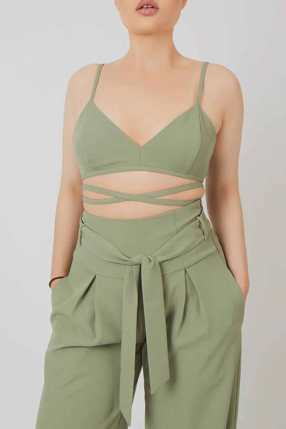 Outlet Premium Tie Wrap Detail Bralet Sage Sculpt & Leisure | Kaiia The Label