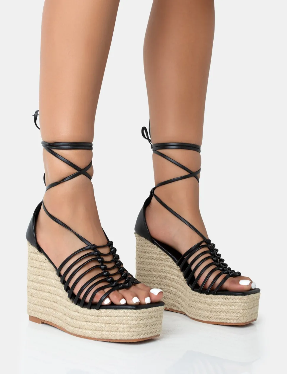 Online Reece PU Knot Strap Lace Up Raffia Wedge Heels Wedges | Lace Up Heels