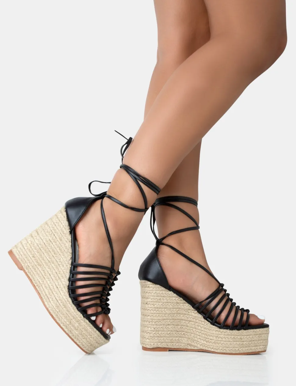 Online Reece PU Knot Strap Lace Up Raffia Wedge Heels Wedges | Lace Up Heels