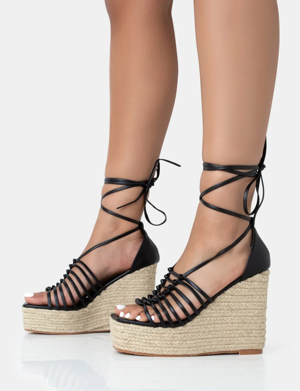 Online Reece PU Knot Strap Lace Up Raffia Wedge Heels Wedges | Lace Up Heels