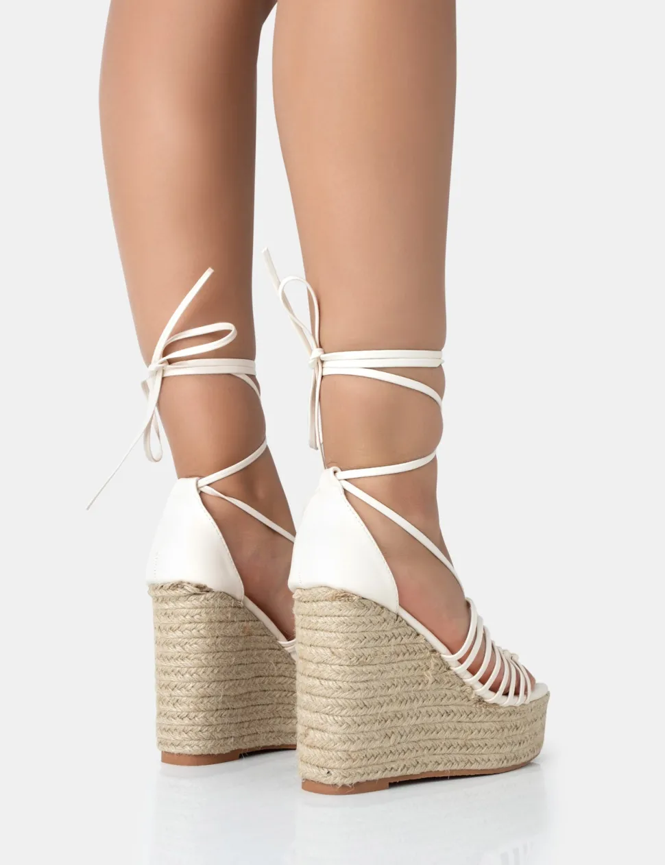 New Reece Wide Fit Ecru Pu Knot Strap Lace Up Raffia Wedge Heels Wide Fit Block Heels | Wide Fit Heels