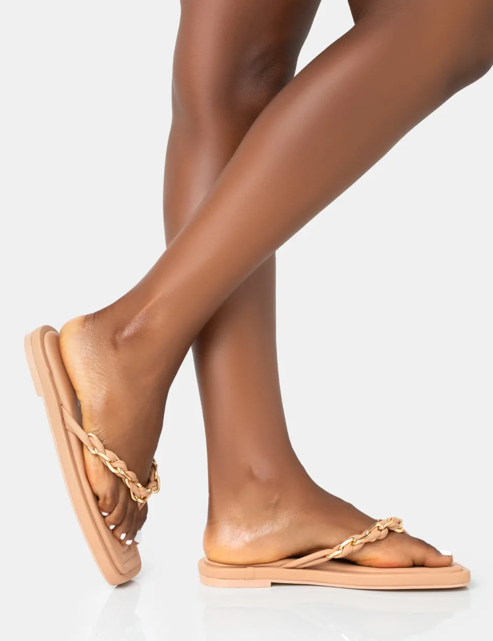 Cheap Retreat Nude PU Chain Strap Flip Flop Sandals Flats