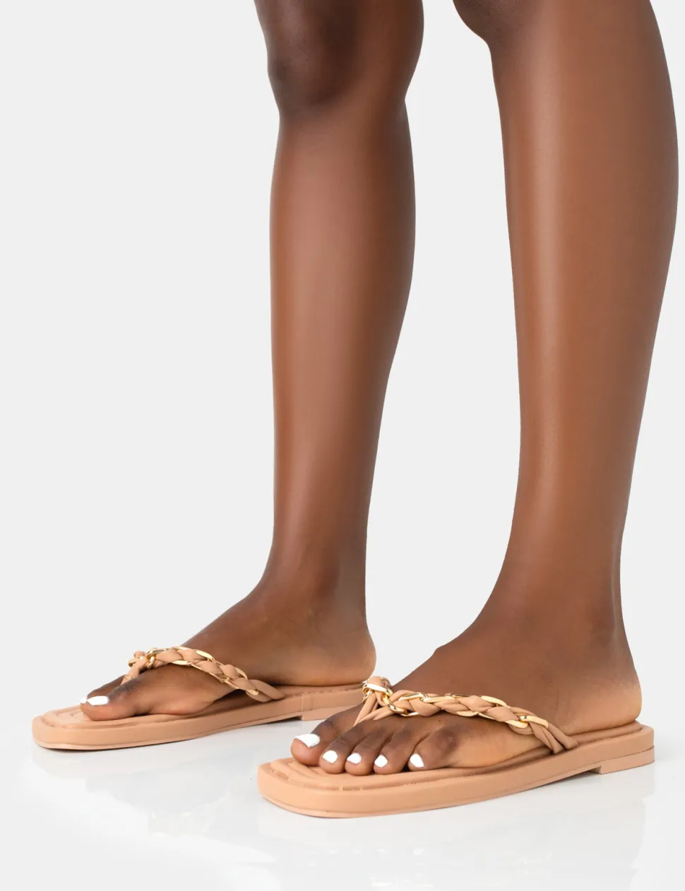 Cheap Retreat Nude PU Chain Strap Flip Flop Sandals Flats