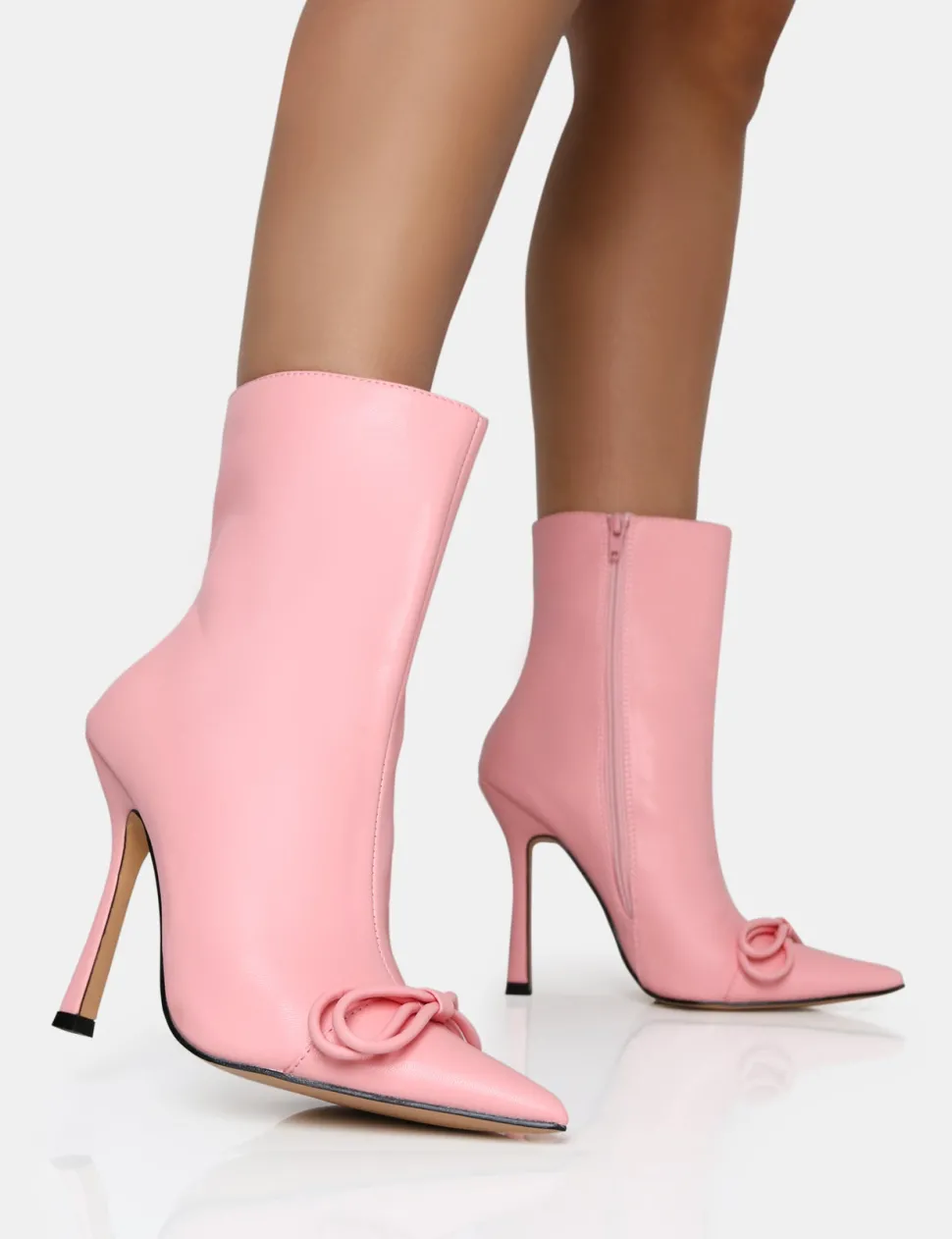 New Rhia Pu Bow Pointed Toe Stiletto Ankle Boots 4" Heels | Pink Heels