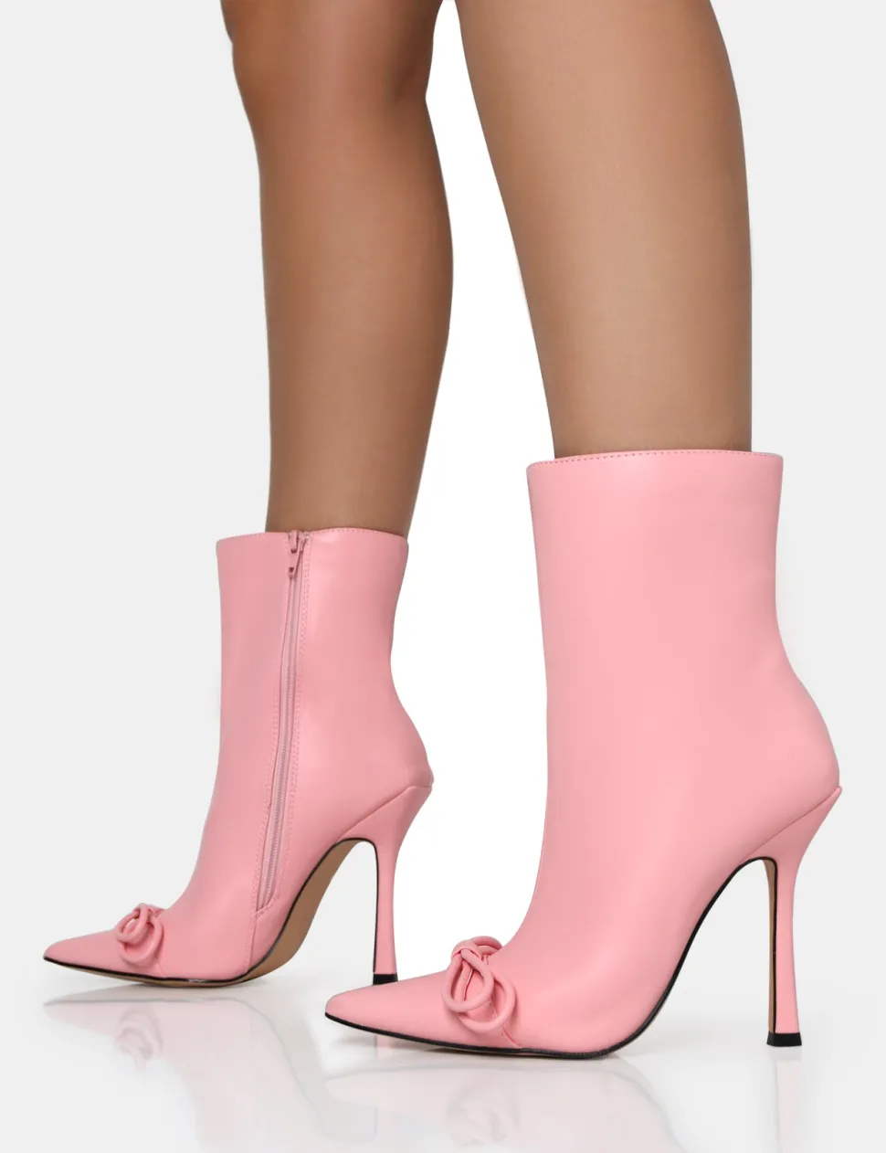 New Rhia Pu Bow Pointed Toe Stiletto Ankle Boots 4" Heels | Pink Heels