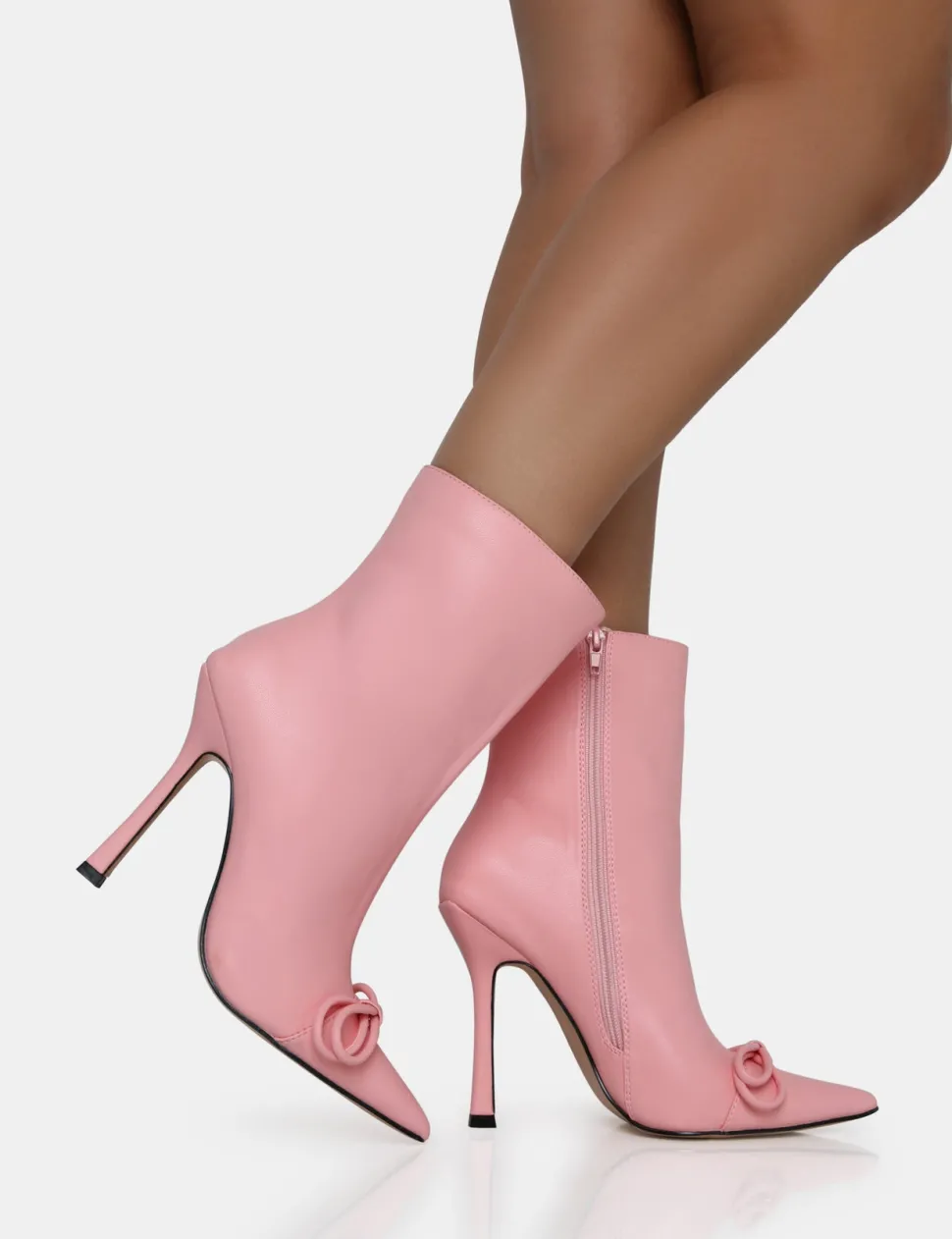 New Rhia Pu Bow Pointed Toe Stiletto Ankle Boots 4" Heels | Pink Heels