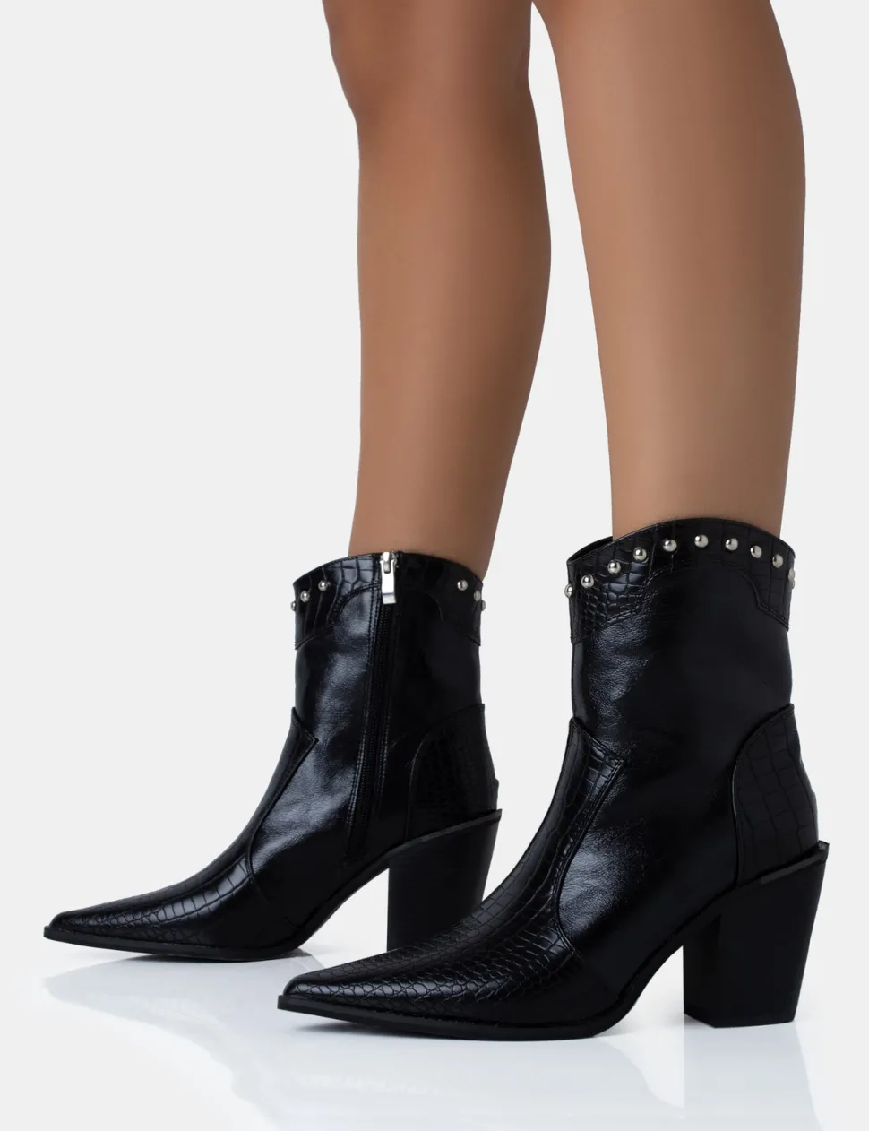 Discount Riley Croc Metal Studded Detail Western Cowboy Block Ankle Boots Block Heels | Western Boots