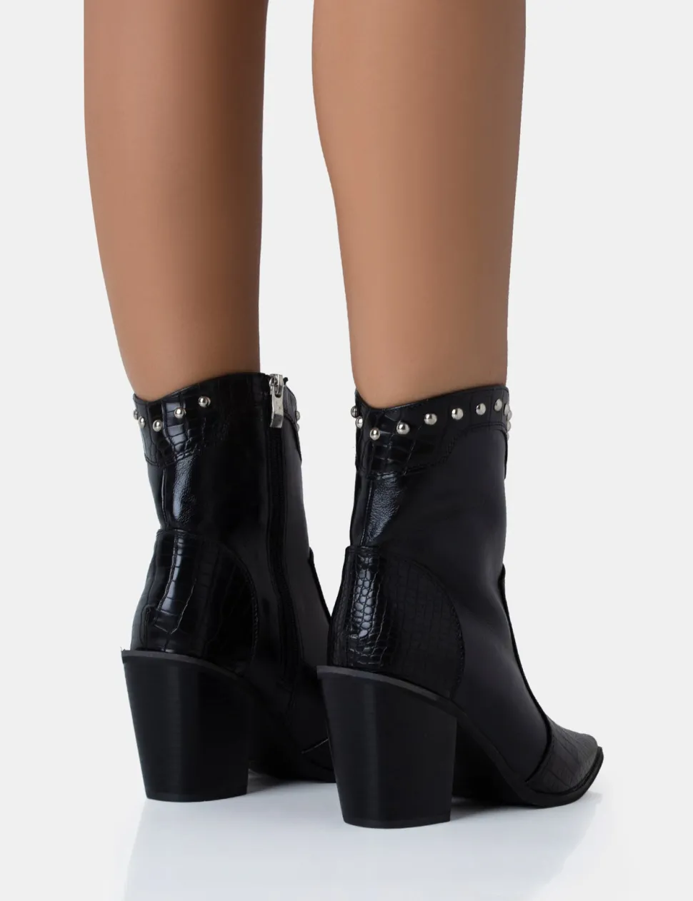 Discount Riley Croc Metal Studded Detail Western Cowboy Block Ankle Boots Block Heels | Western Boots
