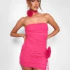 Outlet Rose Detail Bandeau Mesh Mini Dress Hot Pink Back In Stock | Dresses