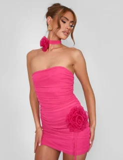Outlet Rose Detail Bandeau Mesh Mini Dress Hot Pink Back In Stock | Dresses