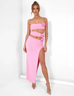 Cheap Rose Detail Extreme Split Maxi Skirt Pink Co-ords | Skirts