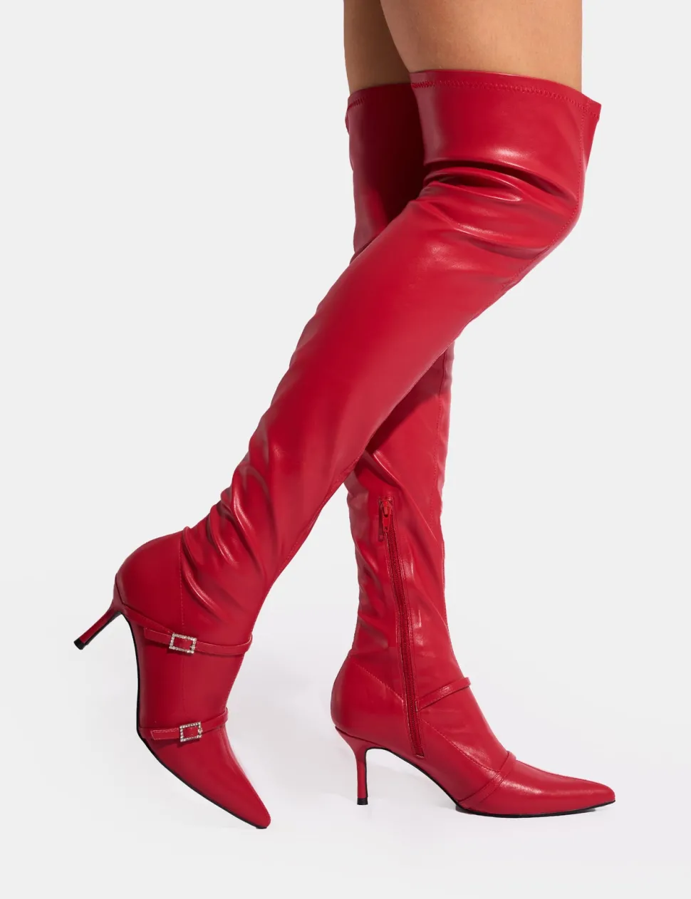 Fashion Roulette Pointed Toe Diamante Buckle Mid Heel Over The Knee Sock Boots Mid Heels | Mid Heels