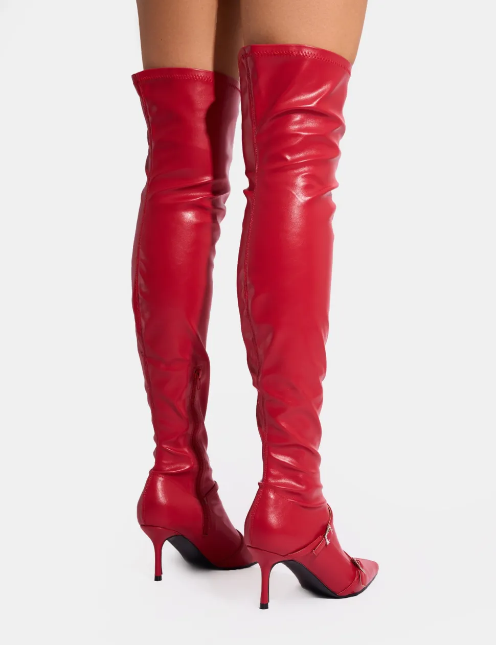Fashion Roulette Pointed Toe Diamante Buckle Mid Heel Over The Knee Sock Boots Mid Heels | Mid Heels