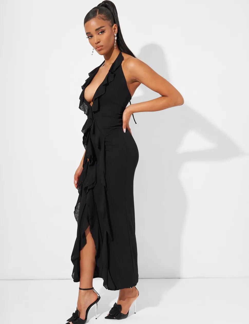 New Ruffle Detail Deep Plunge Maxi Dress in Dresses