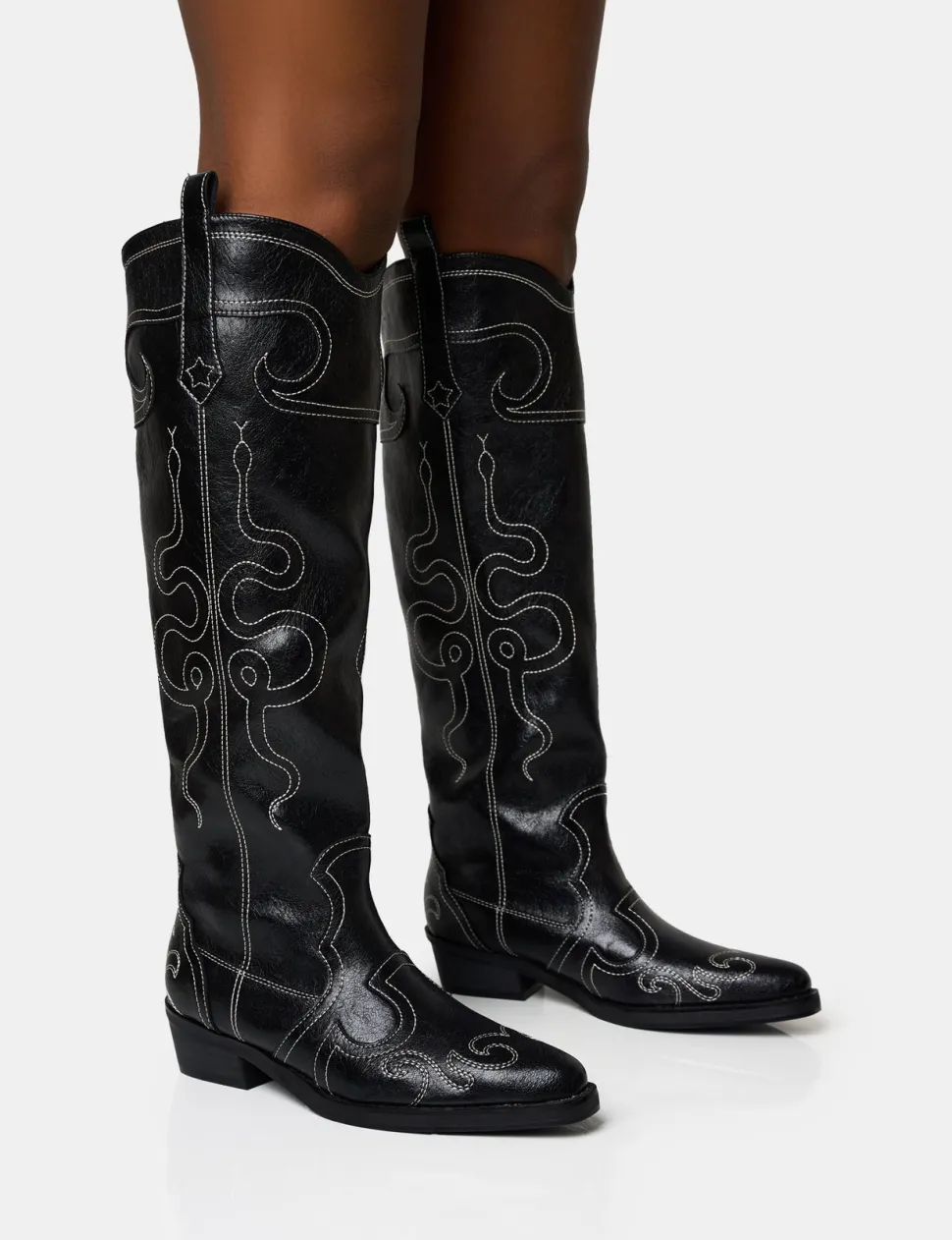 Clearance Serpentine Snake Embroidered Flat Knee High Western Boots Western Boots | Ankle Boots