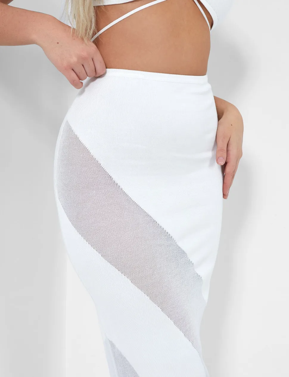 Clearance Sheer Panelled Mesh Knitted Maxi Skirt Ivory Sculpt & Leisure | Kaiia The Label
