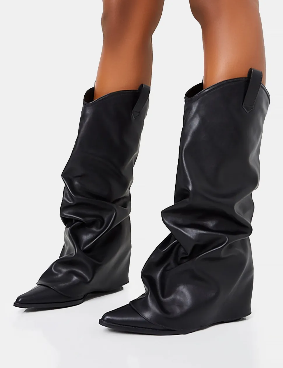 Hot Sheriff Pu Western Inspired Fold Over Pointed Toe Block Heeled Cowboy Knee High Boots Block Heels | Heeled Boots