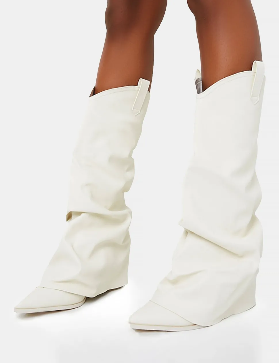Sale Sheriff Pu Western Inspired Fold Over Pointed Toe Block Heeled Cowboy Knee High Boots Block Heels | Western Boots