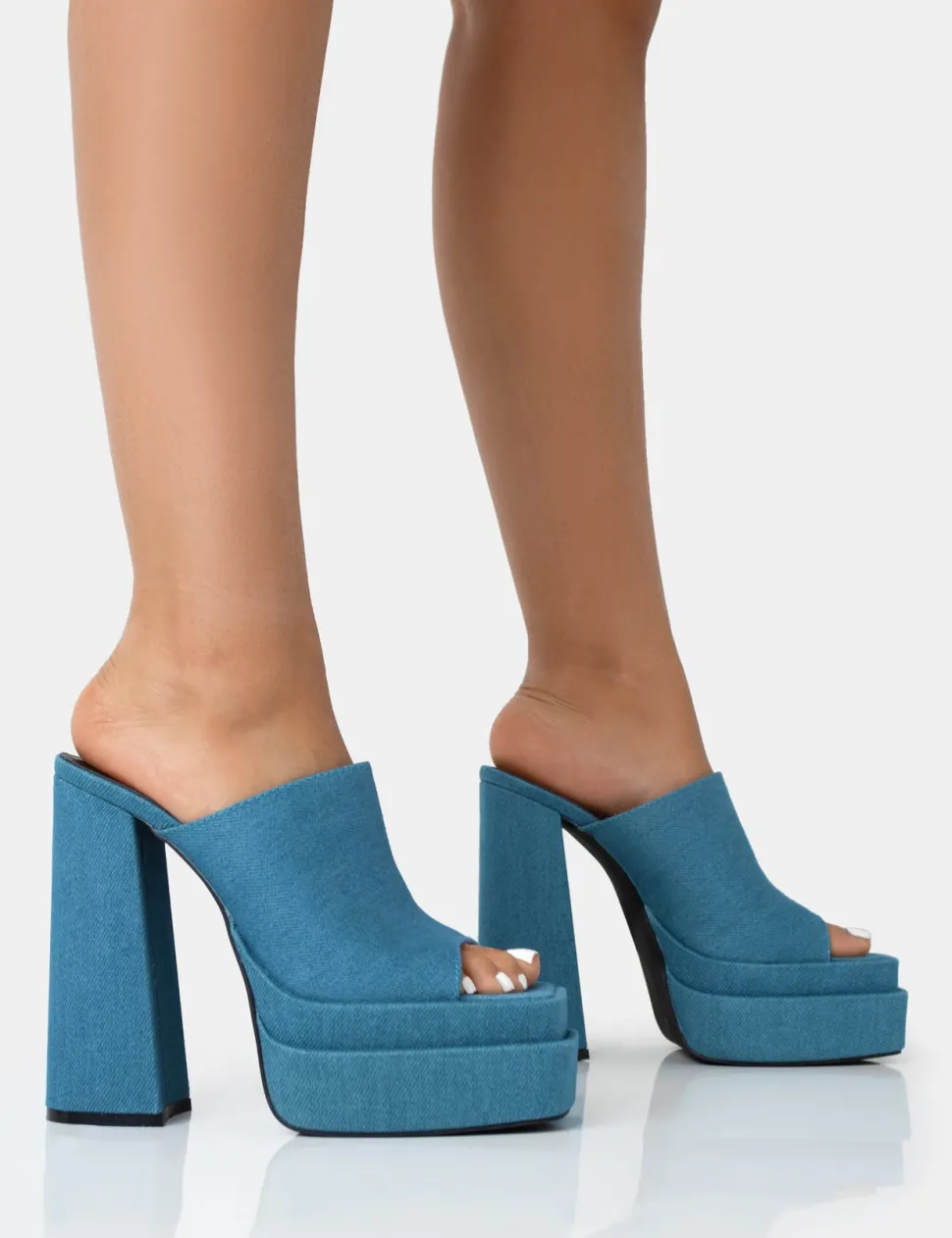 Outlet Skyhigh Denim Chunky Platform High Heeled Mules Square Toe Heels | Mules