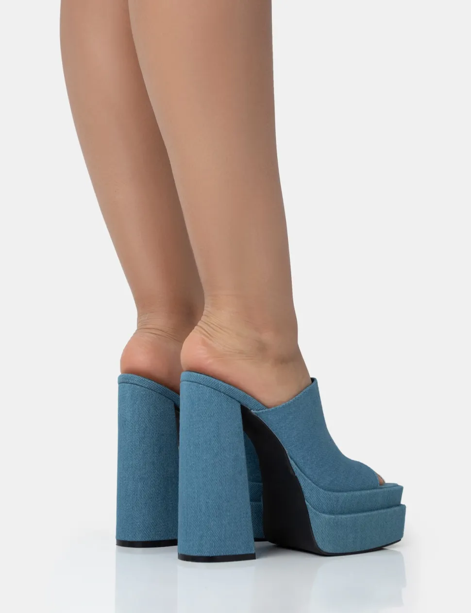 Outlet Skyhigh Denim Chunky Platform High Heeled Mules Square Toe Heels | Mules