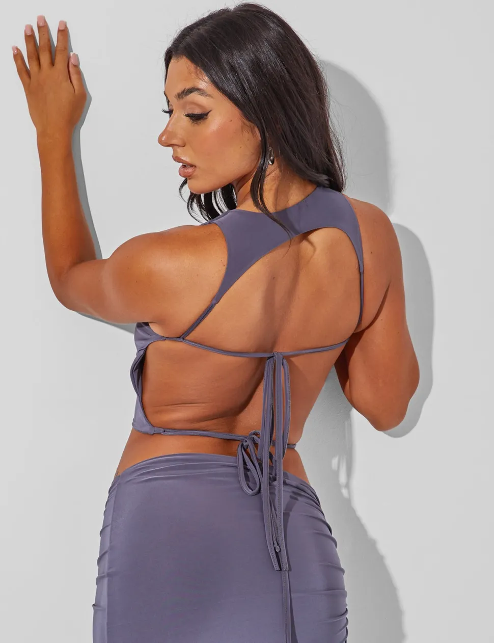 Cheap Slinky Open Back Tie Detail Crop Top Charcoal Co-ords | Tops