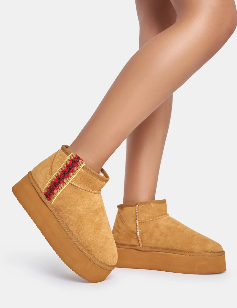 Best Snowfall Light Chestnut Faux Suede Ultra Mini Ankle Platform Boots Faux Fur Ankle Boots | Flat Boots