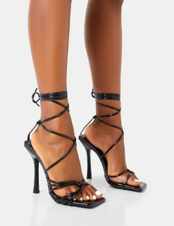 Best Solange Patent Lace Up Strappy Square Toe High Heels Strappy Heels | Square Toe Heels