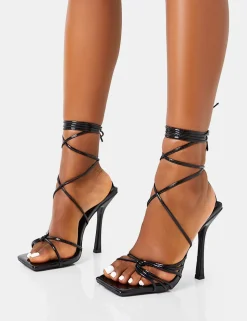 Best Solange Patent Lace Up Strappy Square Toe High Heels Strappy Heels | Square Toe Heels