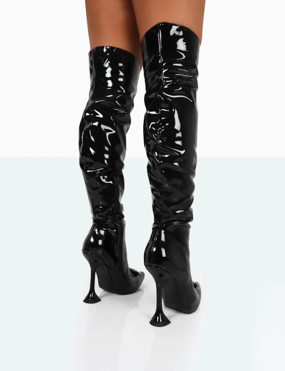 Hot Sonny Black Patent Sparkly Diamante Stud Pointed Toe Stiletto Heel Over the Knee Boots Sculpt & Leisure | Kaiia The Label