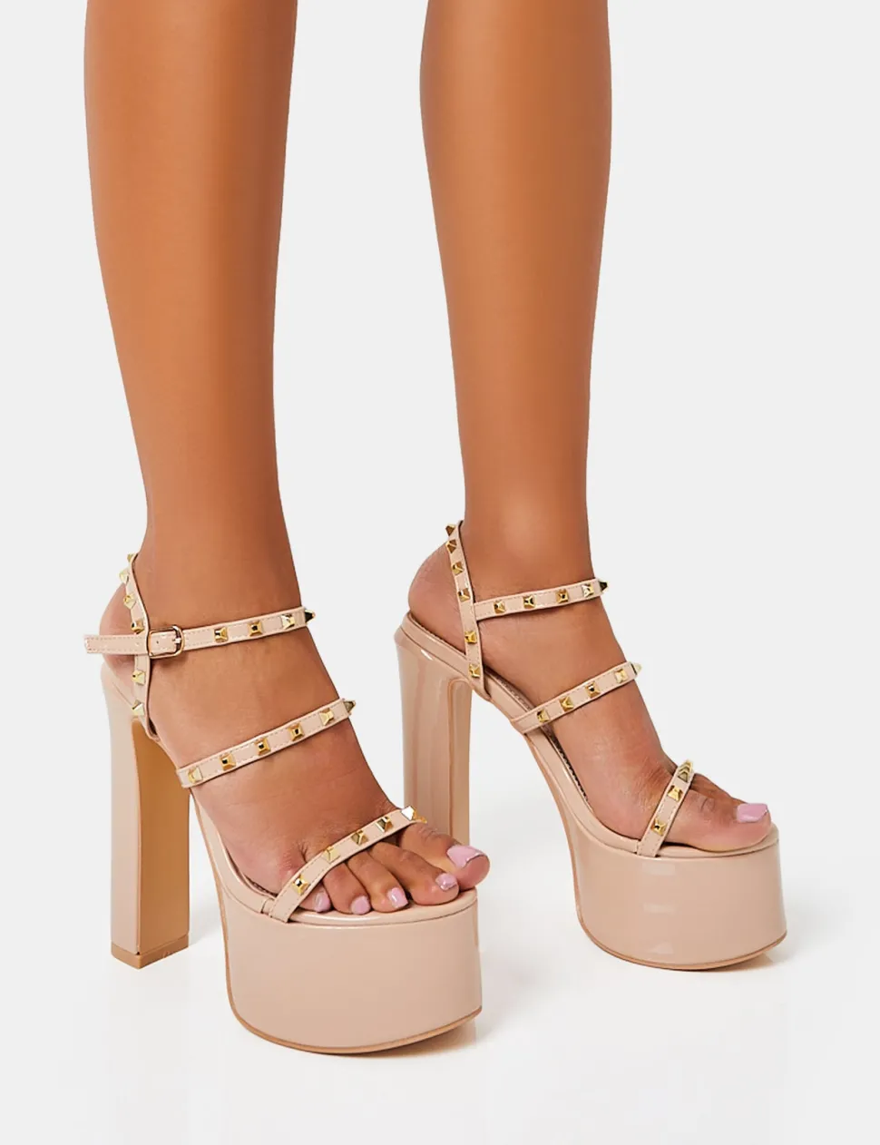Sale Stefania Nude Patent Studded Cage Platform Round Toe Block Heels Block Heels | Platform Heels