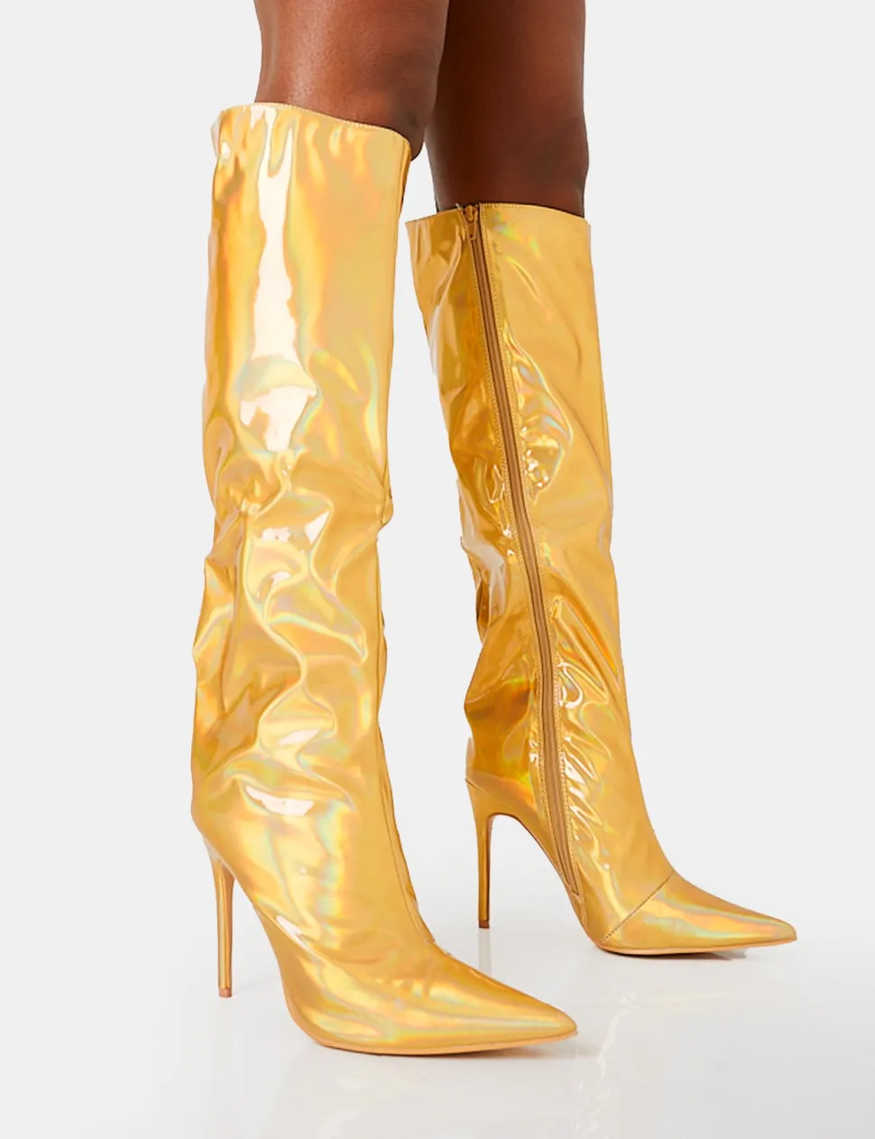 Hot Tai Wide Fit Metallic Pointed Toe Stiletto Knee High Boots High Heels | Wide Fit Boots