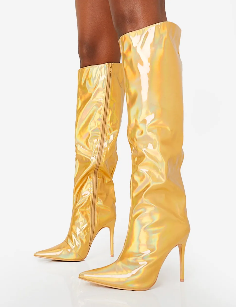 Hot Tai Wide Fit Metallic Pointed Toe Stiletto Knee High Boots High Heels | Wide Fit Boots