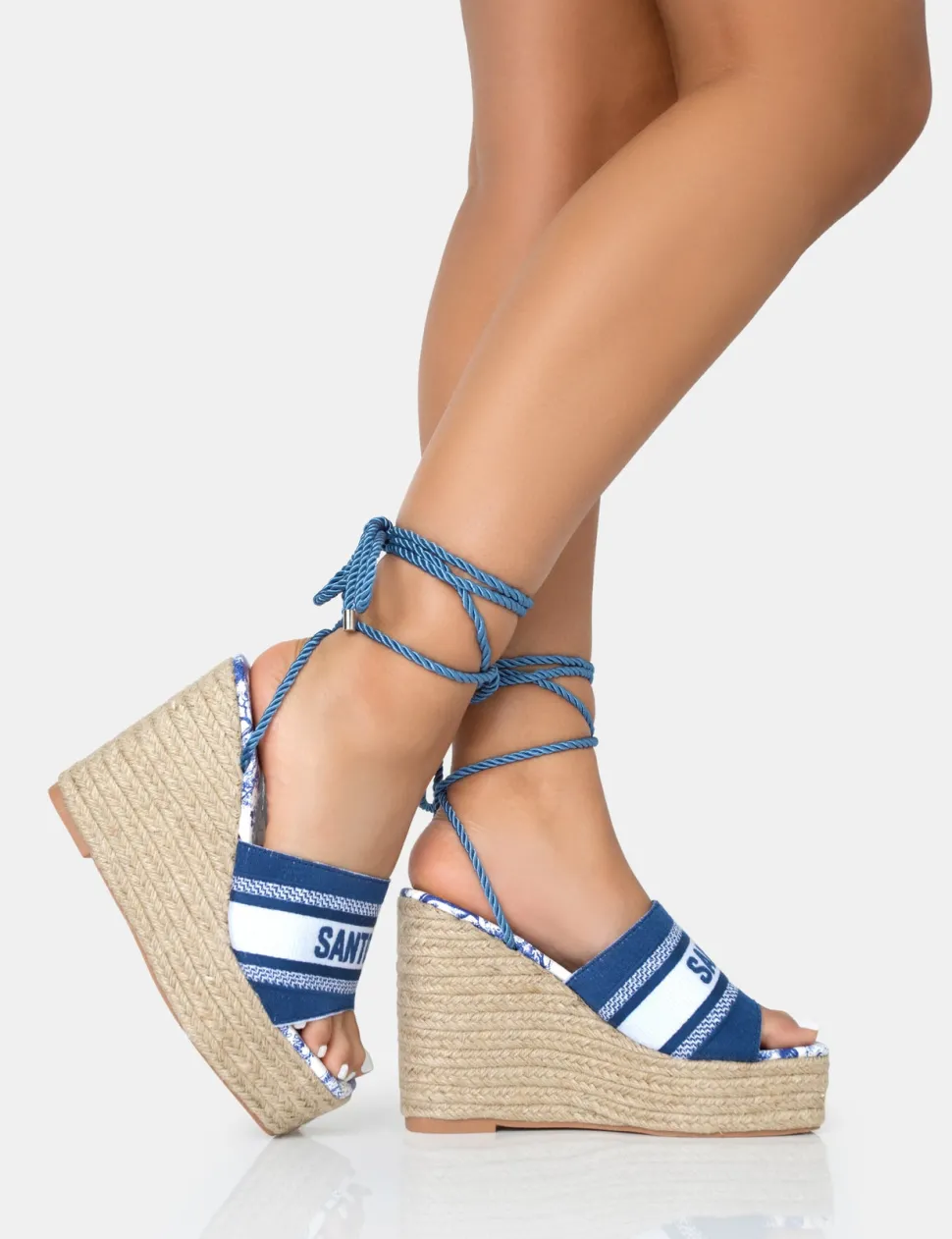 Shop Take Off Embroidered Santorini Lace Up Raffia Square Toe Wedge Heels 5" Heels | Wedges
