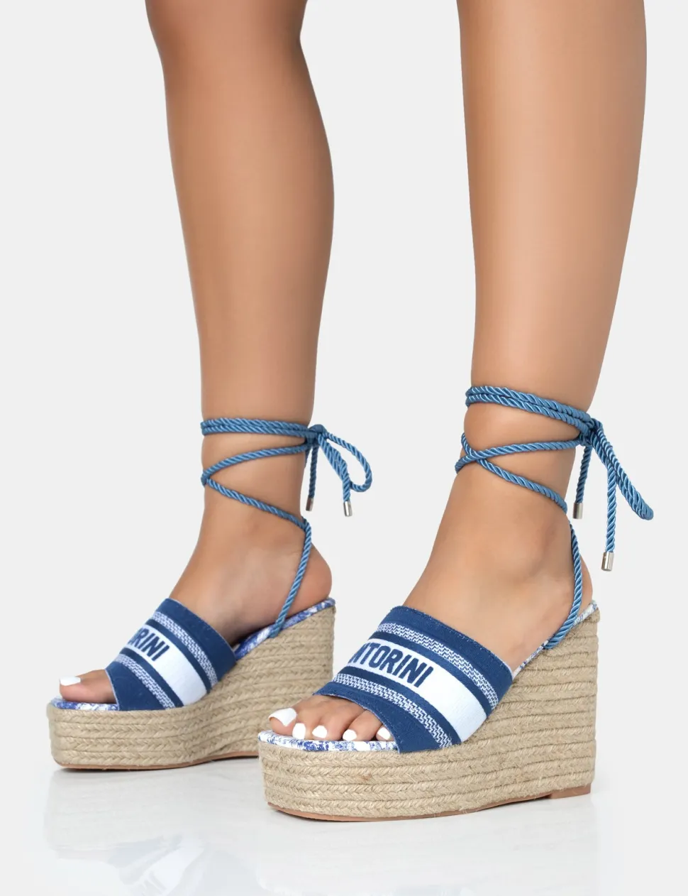 Shop Take Off Embroidered Santorini Lace Up Raffia Square Toe Wedge Heels 5" Heels | Wedges