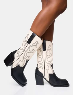 New Texas Wide Fit Black and Ecru Western Block Heel Ankle Boots Western Boots | Ankle Boots