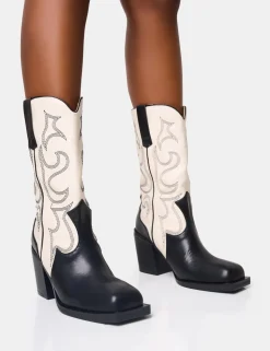 New Texas Wide Fit Black and Ecru Western Block Heel Ankle Boots Western Boots | Ankle Boots