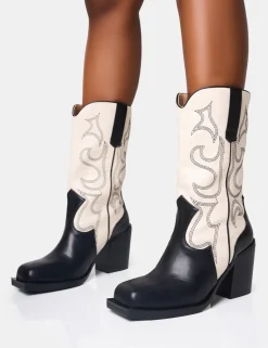 New Texas Wide Fit Black and Ecru Western Block Heel Ankle Boots Western Boots | Ankle Boots