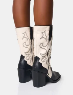 New Texas Wide Fit Black and Ecru Western Block Heel Ankle Boots Western Boots | Ankle Boots