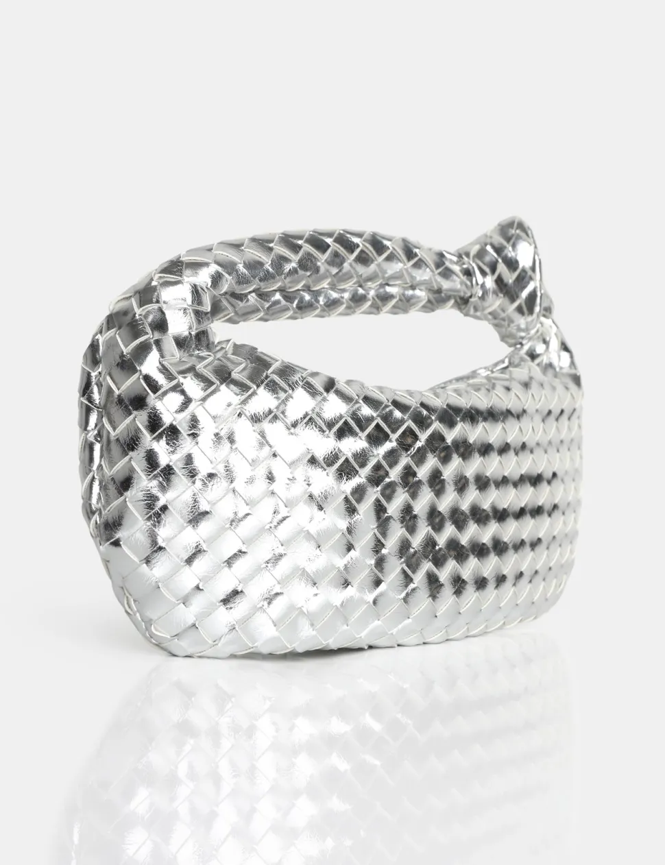 Best Sale The Blame Metallic Mirror Woven PU Knot Detail Mini Grab Bag Evening Bags | Clutch Bags