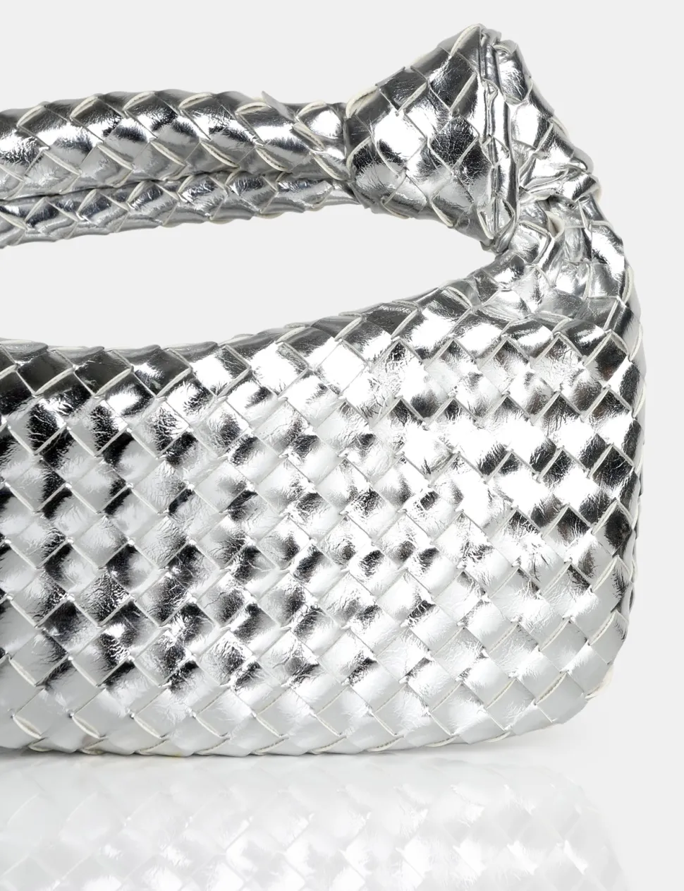 Best Sale The Blame Metallic Mirror Woven PU Knot Detail Mini Grab Bag Evening Bags | Clutch Bags