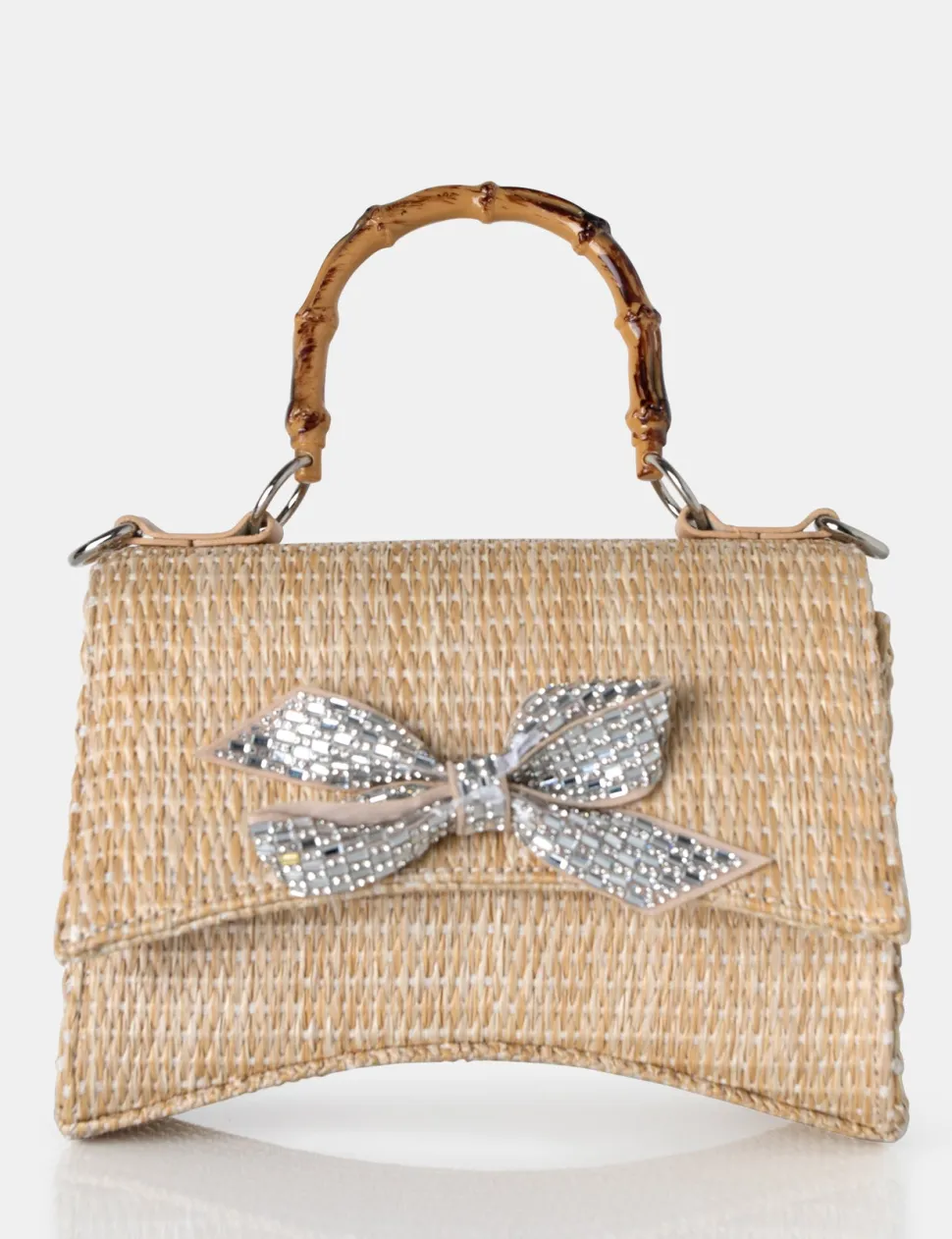 Store The Bow Natural Raffia Bamboo Handle Diamante Bow Grab Bag Evening Bags | Mini Bags