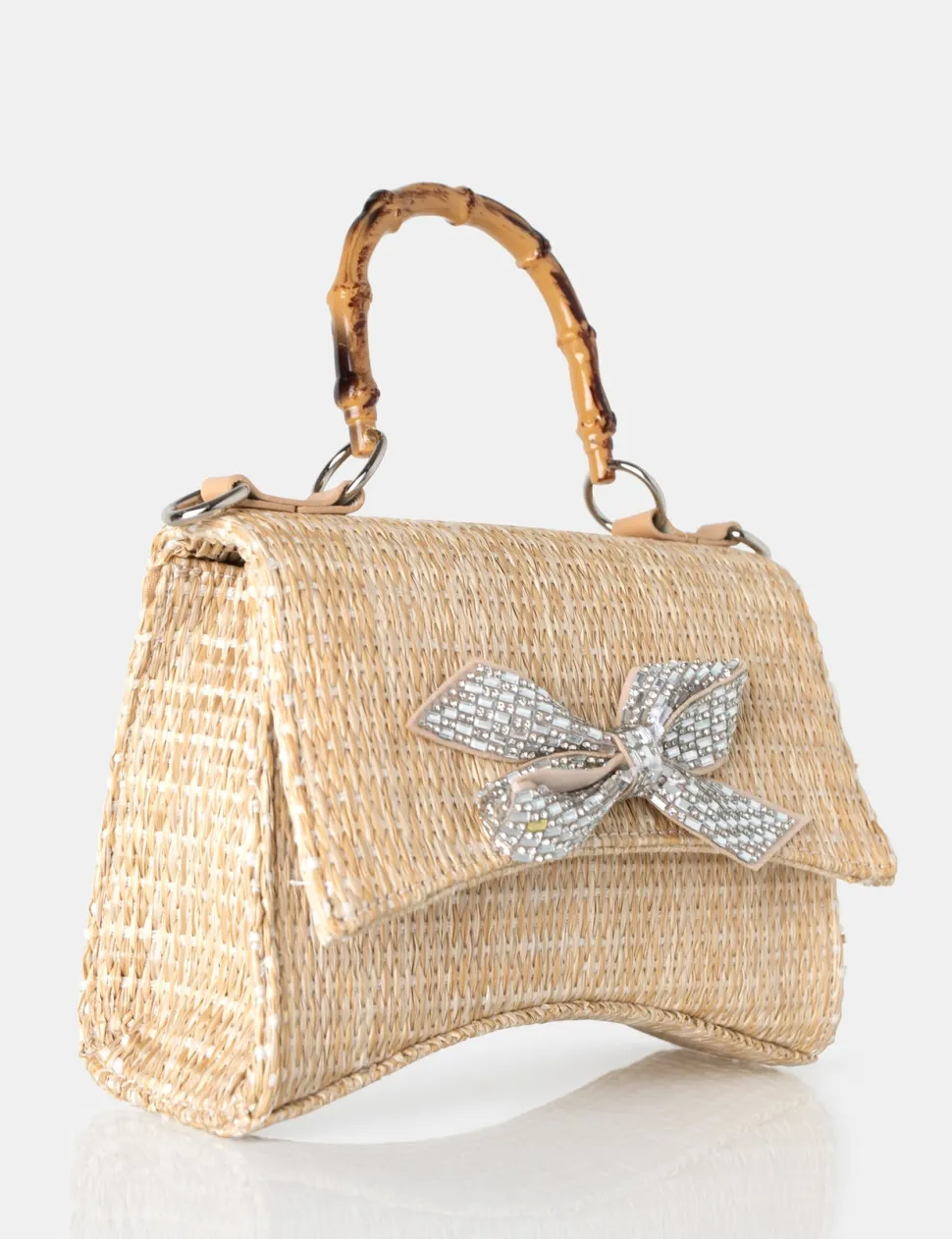 Store The Bow Natural Raffia Bamboo Handle Diamante Bow Grab Bag Evening Bags | Mini Bags