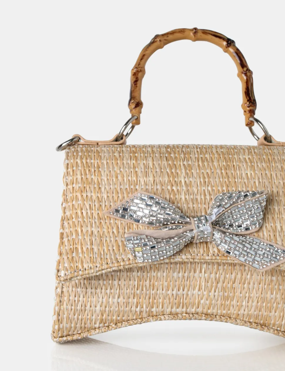 Store The Bow Natural Raffia Bamboo Handle Diamante Bow Grab Bag Evening Bags | Mini Bags