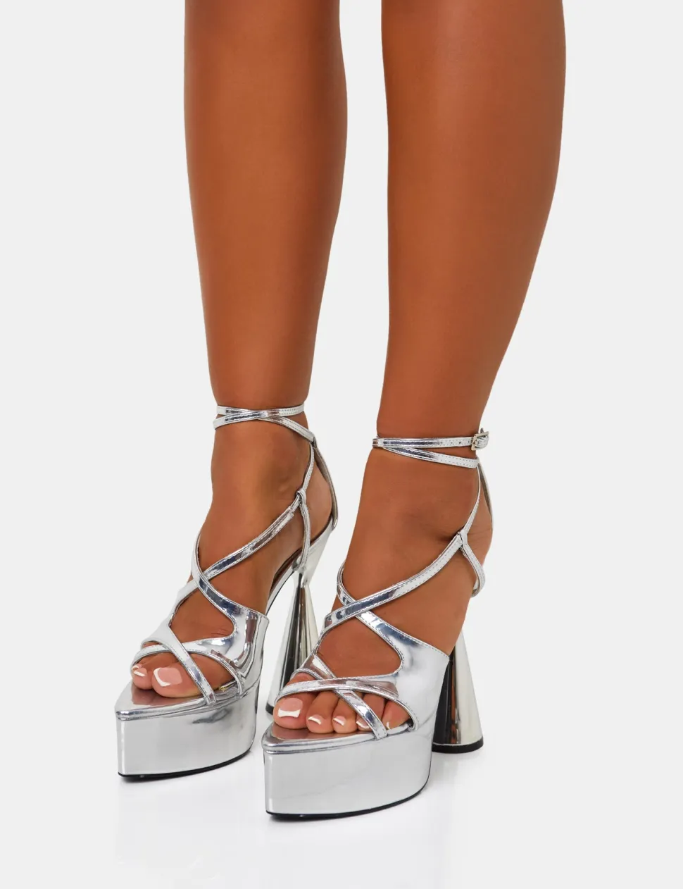 Outlet Tina Iridescent Mirror Strappy Ankle Platform Flared Block Heel Strappy Heels | Silver Heels